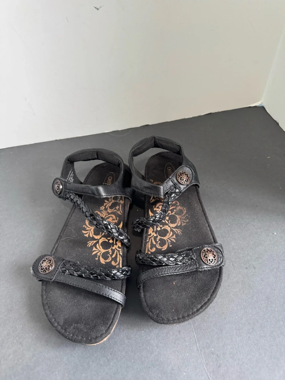Aetrex Jillian Sandals Braided-Strap Women's Black Leather Sandals Size 7
